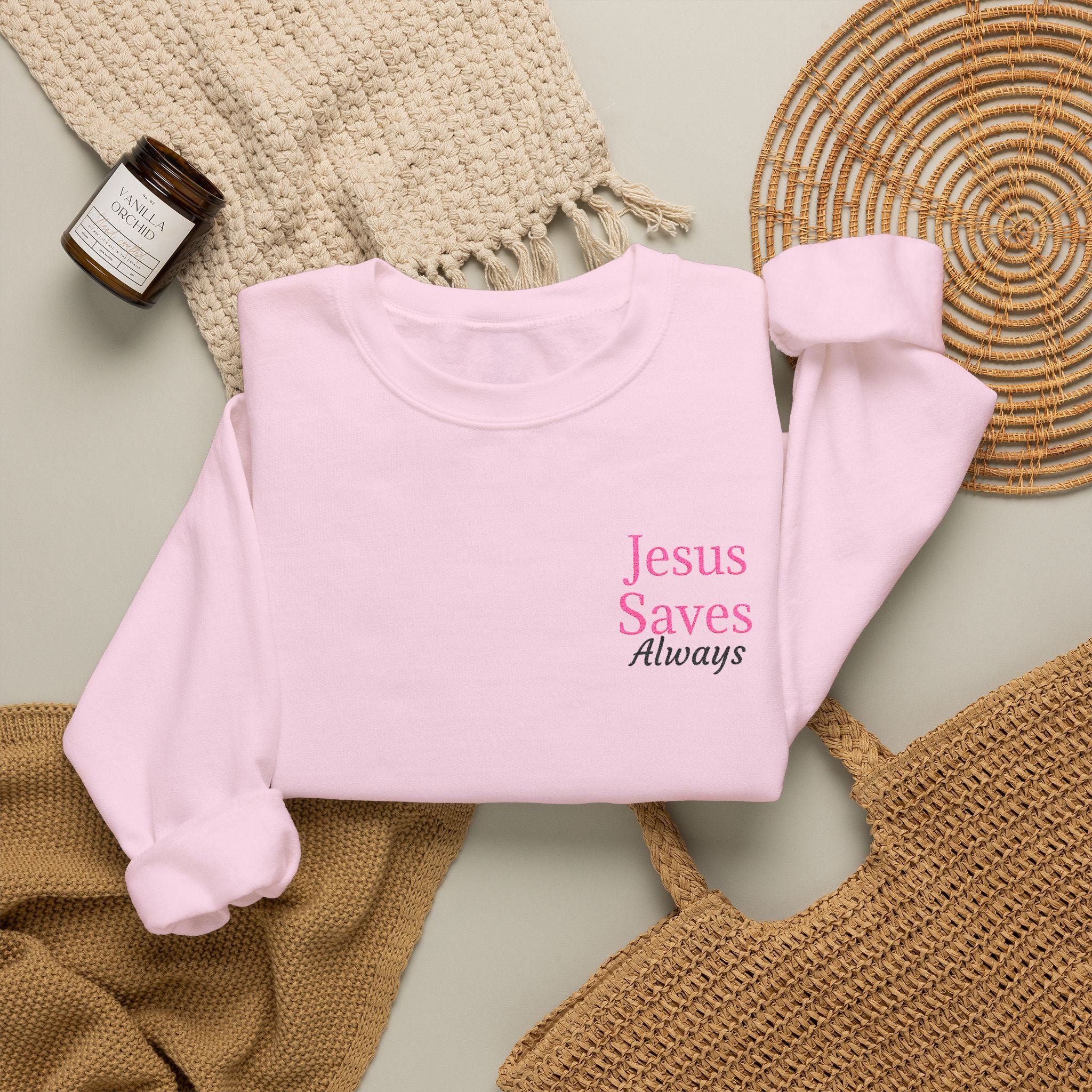 Christian Crewneck Sweatshirt — "Jesus Saves Always" Pink Pullover